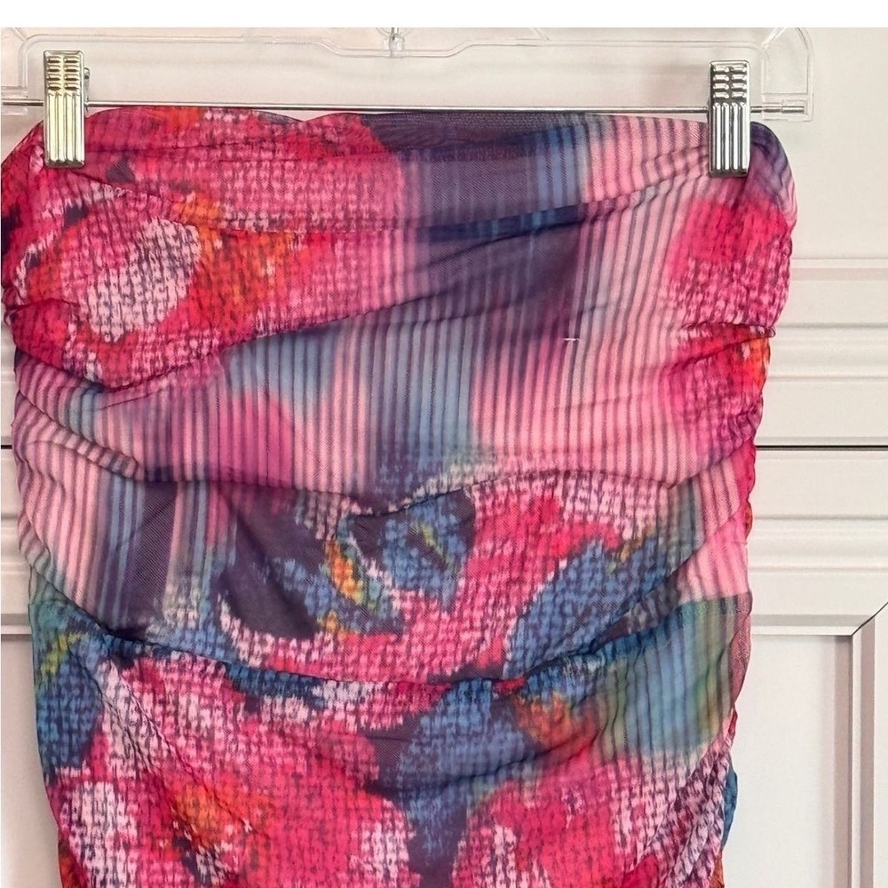 Anthropologie Strapless Floral Mesh Midi Dress Bodycon Pink Blue Print Medium - Picture 3 of 6